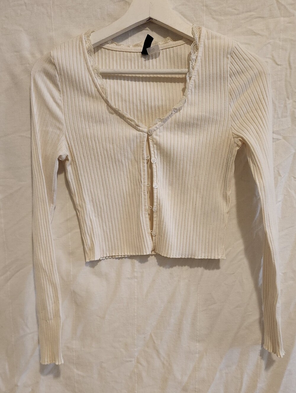 H&M Cream Ribbed Lace-Trim Long Sleeve Crop Cardigan BOGO 3 for $15